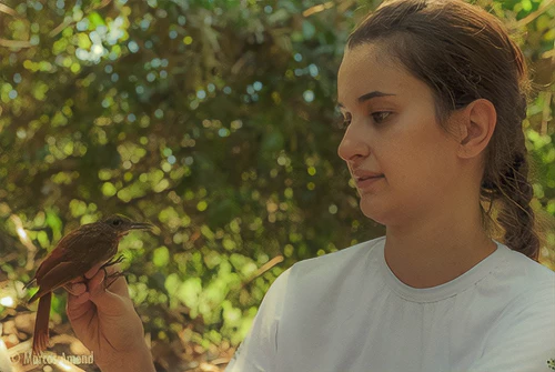 Roberta fieldwork photo holding a bird